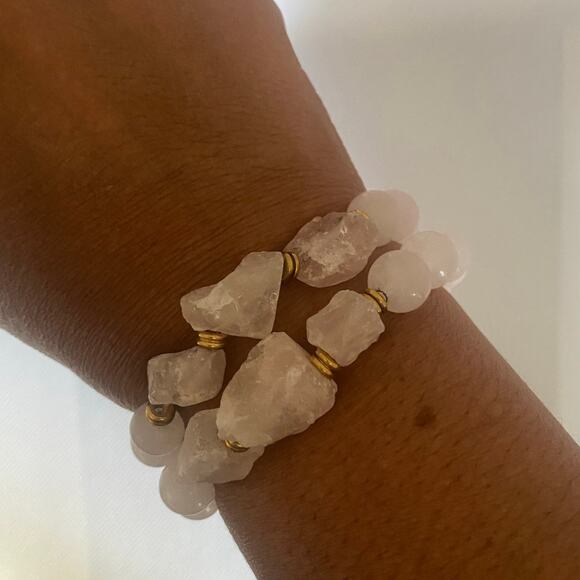 Vintage Rose Quartz Bracelet Set Stretch Elastic Pink Stone Beads Boho Luxe Glam - Picture 15 of 16